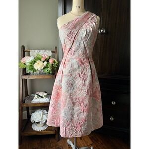 Adrianna Papell Dress Jacquard One Shoulder Fit Flare Pink Size 8 Wedding